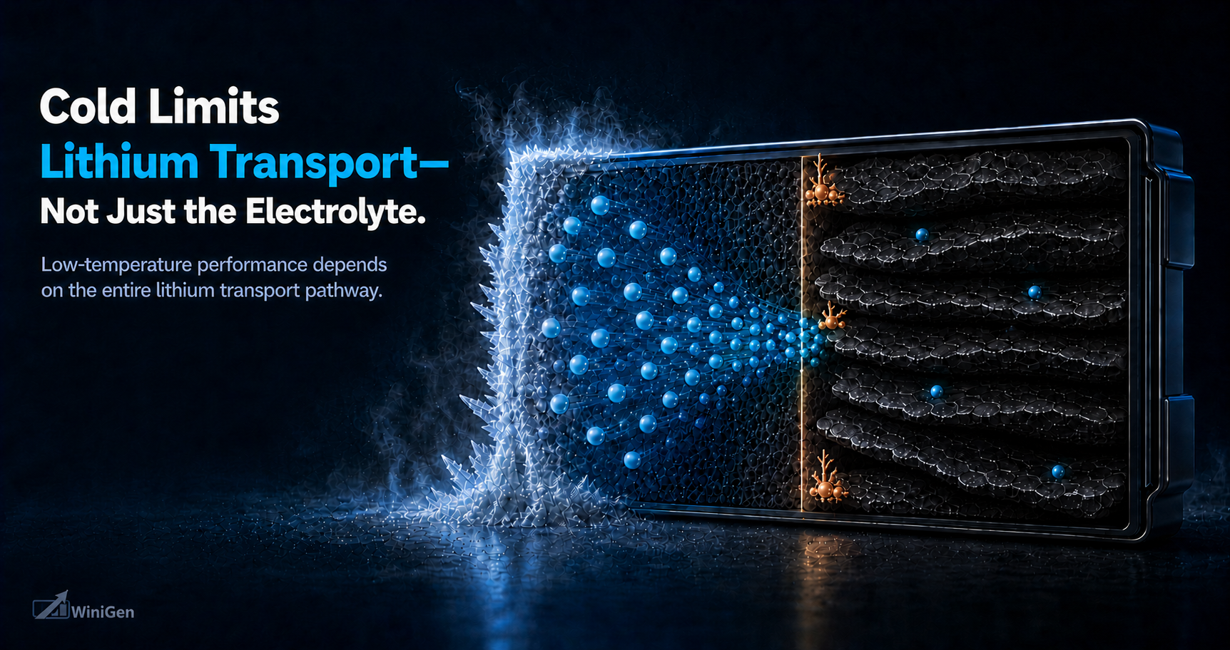 Cold limits lithium transport—not just the electrolyte—across a frozen pouch-cell cutaway