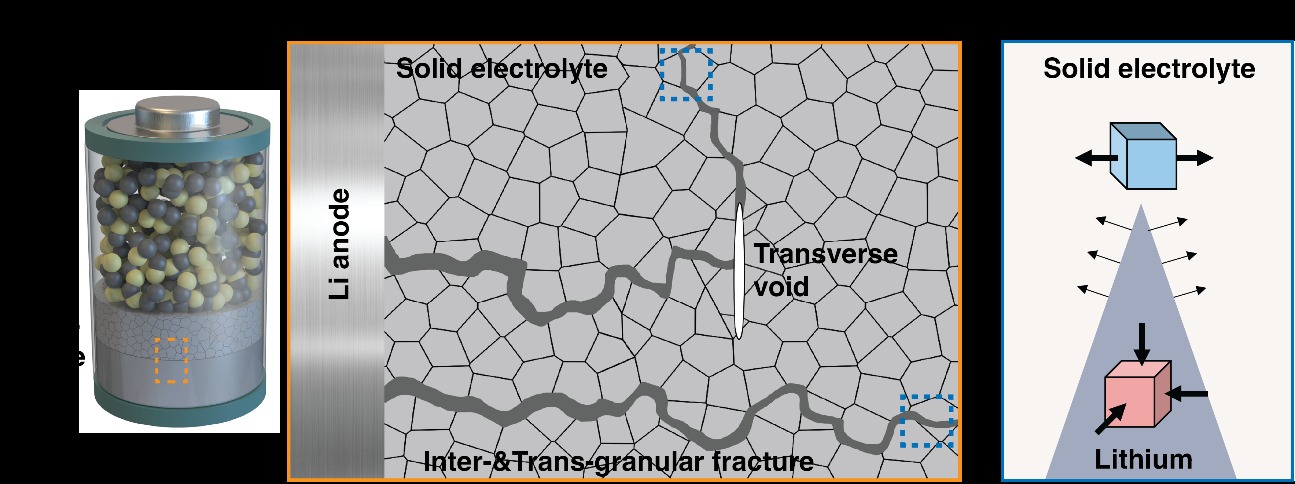 Schematic of mechanically driven lithium dendrite fracture in a solid electrolyte